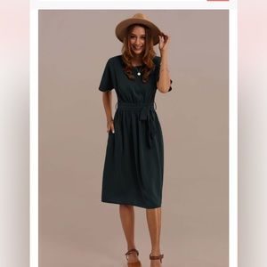 Green Short Sleeve Round Neck Tie Waist Midi Dress With Pocket